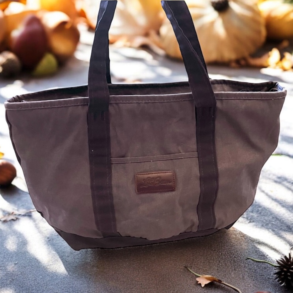 LL BEAN Boat Tote Bag Waxed Canvas VINTAGE Script Logo ZIP Top Gray / Green Camo